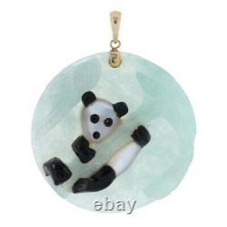 Pendentif Panda en or 14 carats, en jade sculpté, en nacre et en jade néphrite noire