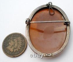 Pendentif broche en camée victorien en coquillage sculpté à la main sur cornaline en argent 800 antique