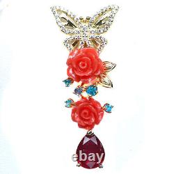 Pendentif en argent sterling 925 sculpté en nacre, rubis, apatite et tanzanite