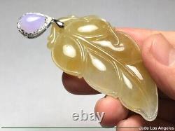 Pendentif en jade jadeite jaune riche avec feuille/goutte d'eau en or blanc 18 carats et diamants