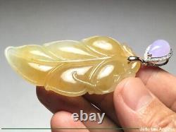 Pendentif en jade jadeite jaune riche avec feuille/goutte d'eau en or blanc 18 carats et diamants