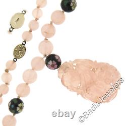 Pendentif en quartz rose sculpté sur collier de perles en quartz et laque peinte à 24 brins