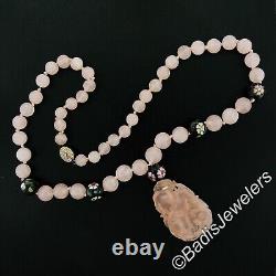 Pendentif en quartz rose sculpté sur collier de perles en quartz et laque peinte à 24 brins