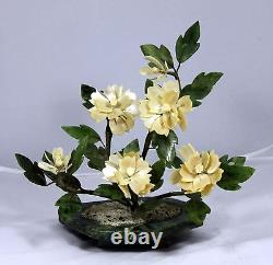 Plante fleurie en jade sculpté à la main et nacre - Magnifique 7 fleurs