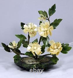 Plante fleurie en jade sculpté à la main et nacre - Magnifique 7 fleurs