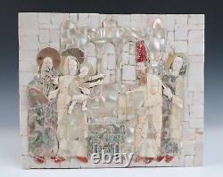 Plaque religieuse en mosaïque d'icône dévotionnelle en nacre et corail sculpté antique