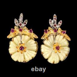 Sculpture de fleurs artisanales Mop 20x19mm Saphirs Gems Boucles d'oreilles en argent sterling 925