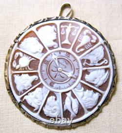 Superbe broche pendentif rond en coquillage sculpté, orné de symboles du zodiaque en argent sterling.