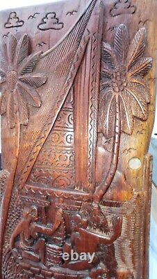 Tableau d'histoire sculpté en bois VTG Palau signé Ngiraibuuch K Palau avec nacre de 1996